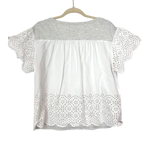 Rebecca Taylor La Vie Top Womens Large Grey Heather White Eyelet Sleeve Crewneck - Picture 3 of 10